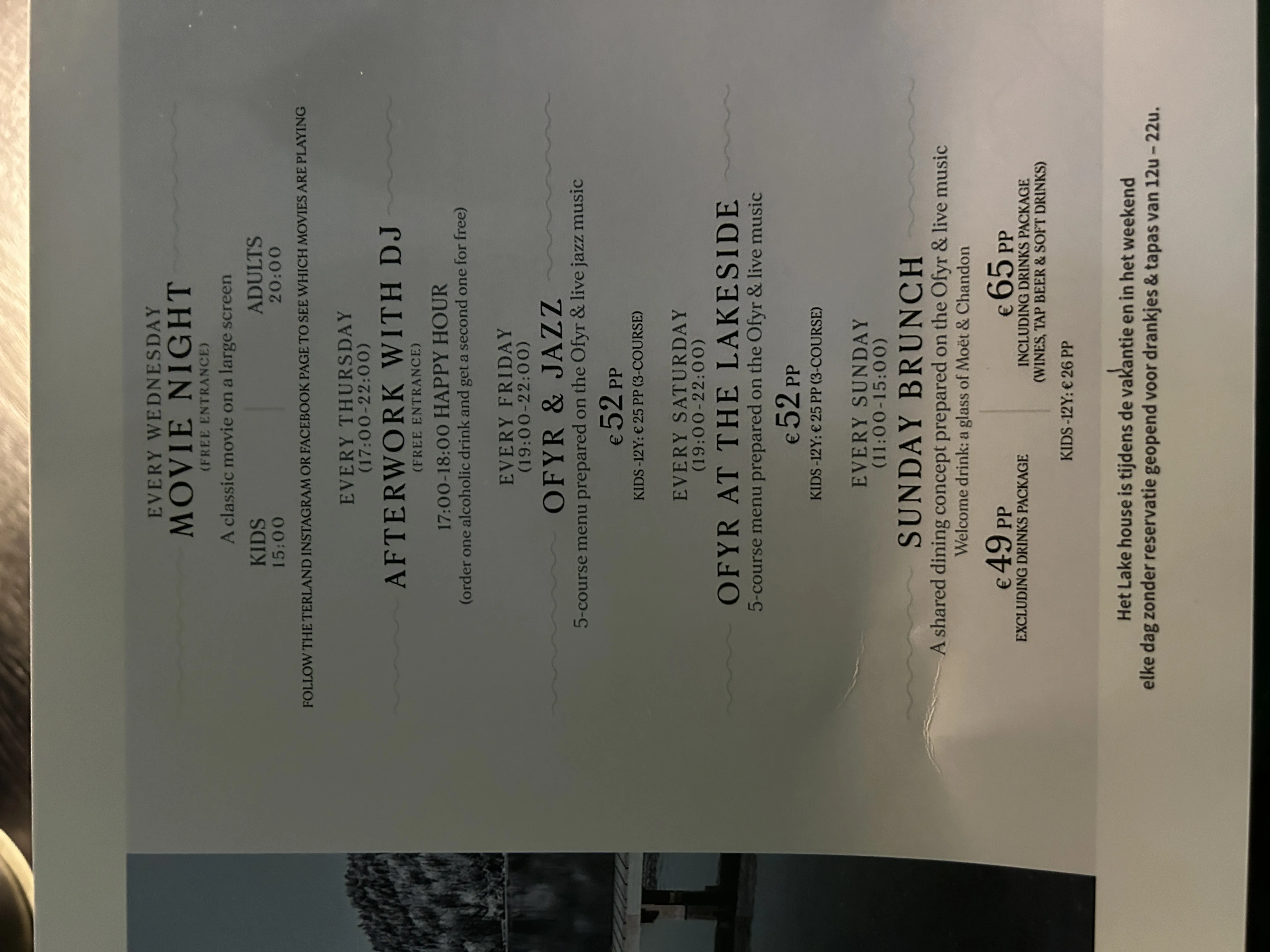 Speisekarte im Seerestaurant Terhills Resort