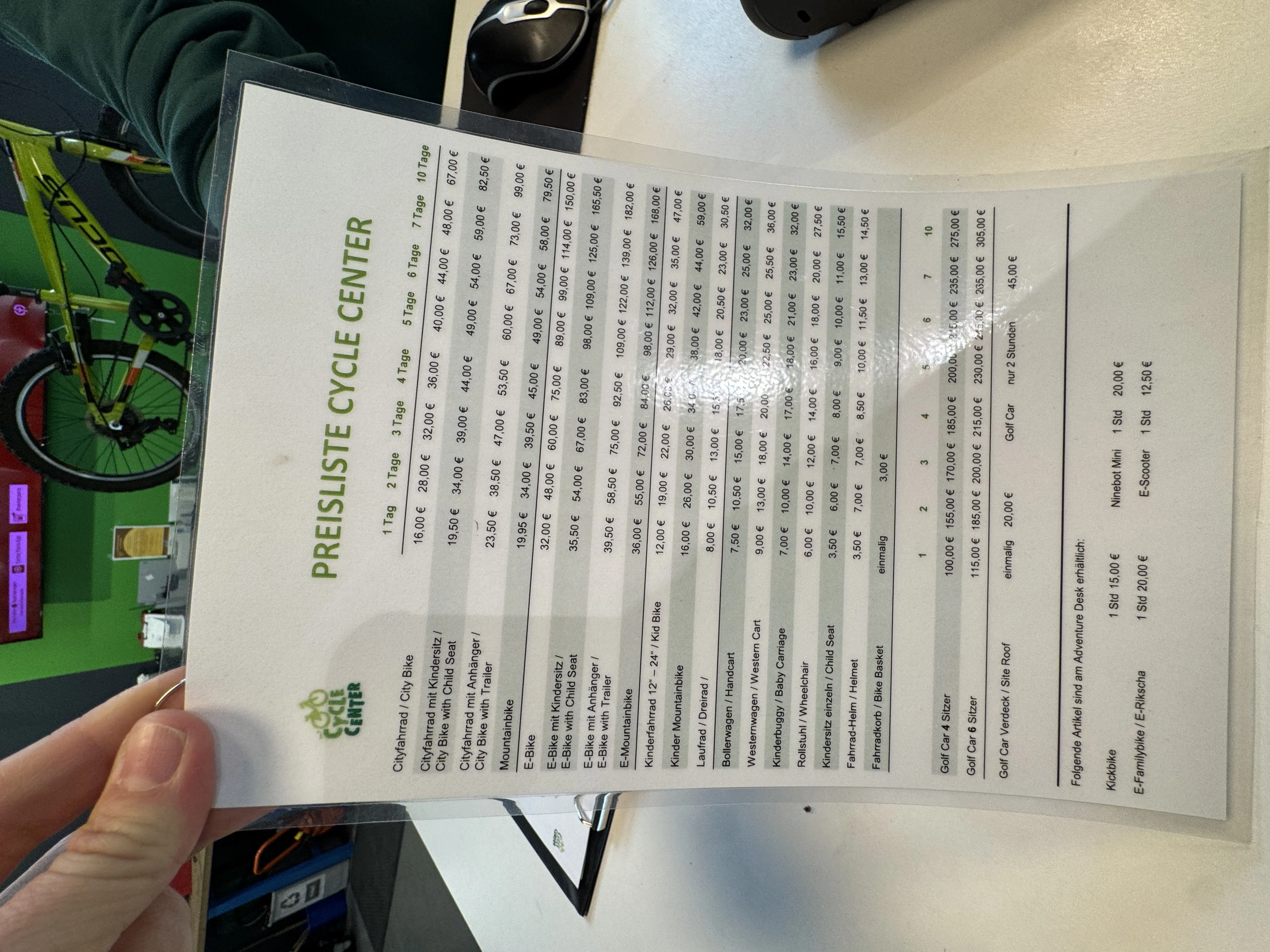 Die Preise des Cycle Centers – Fahrradverleih und mehr