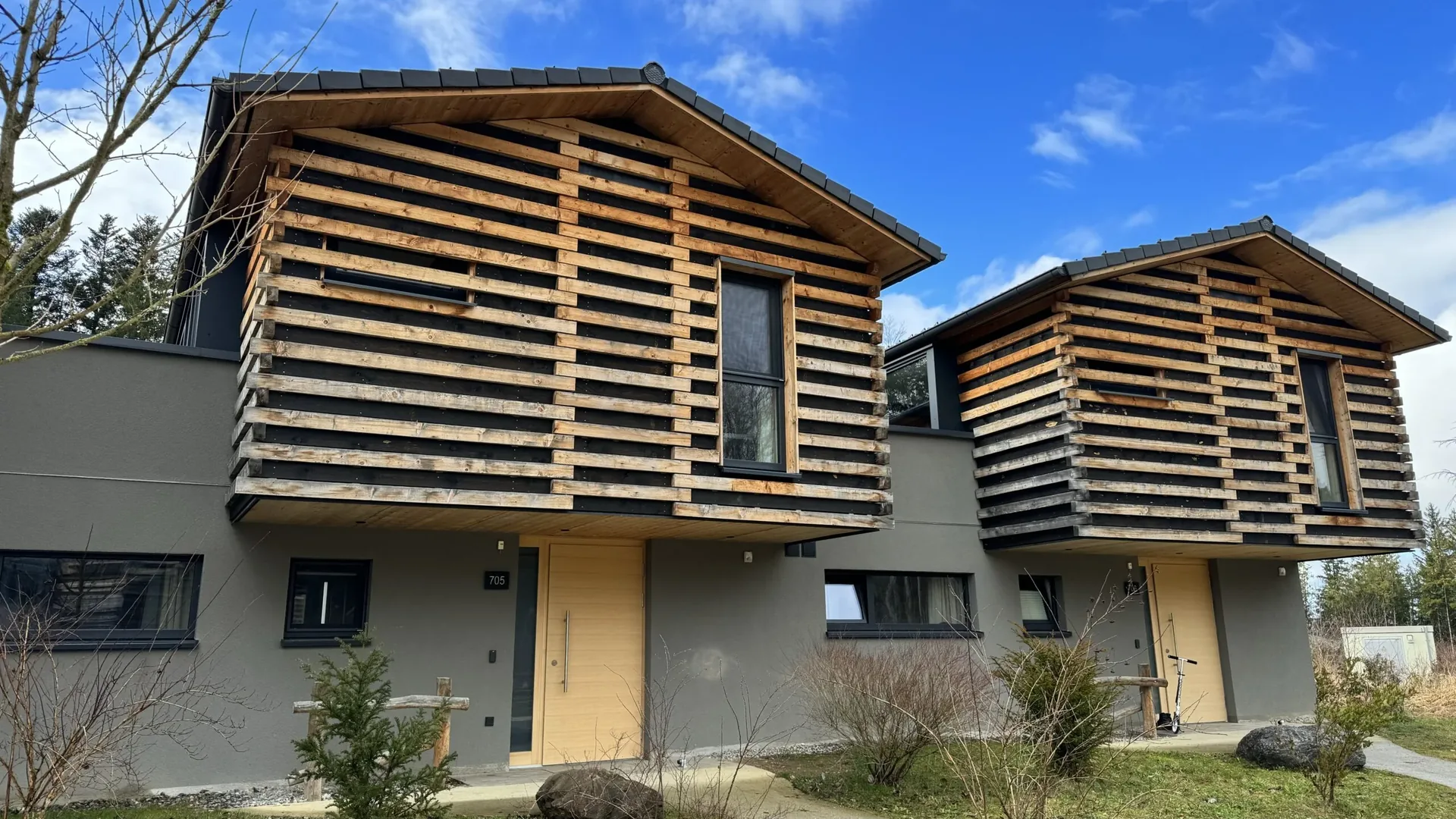 Ferienhäuser im Center Parcs Park Allgäu zwischen Bäumen