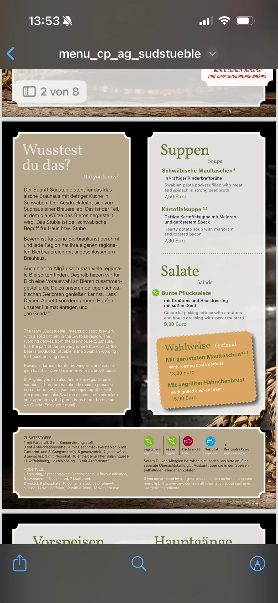 Speisekarte des Südstüble im Market Dome Center Parcs Park Allgäu