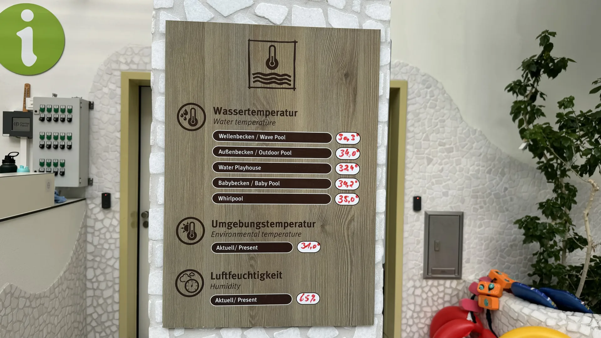 Tafel mit aktuellen Wassertemperaturen aller Becken im Aqua Mundo Center Parcs Park Allgäu
