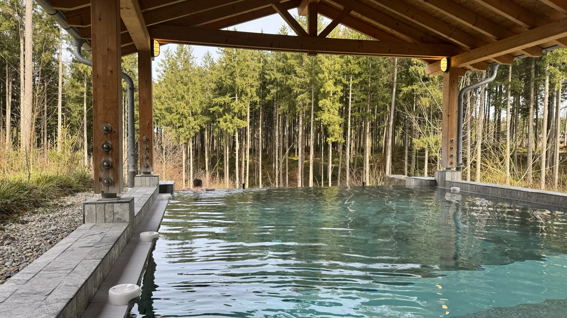 Infinity-Pool im Deep Nature Spa Park Allgäu mit überdachtem Holzpavillon und Blick in den Tannenwald