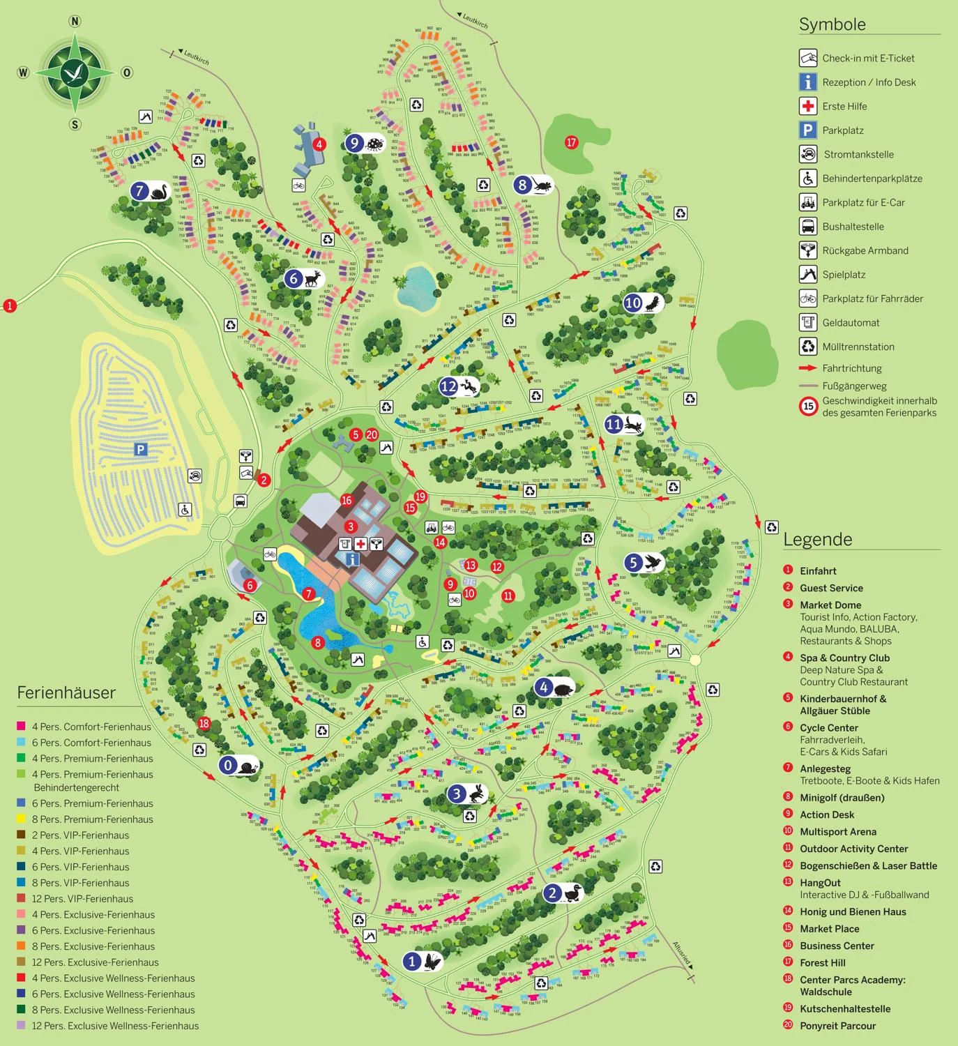 Lageplan des Center Parcs Park Allgäu mit Ferienhäusern, Aqua Mundo und Einrichtungen
