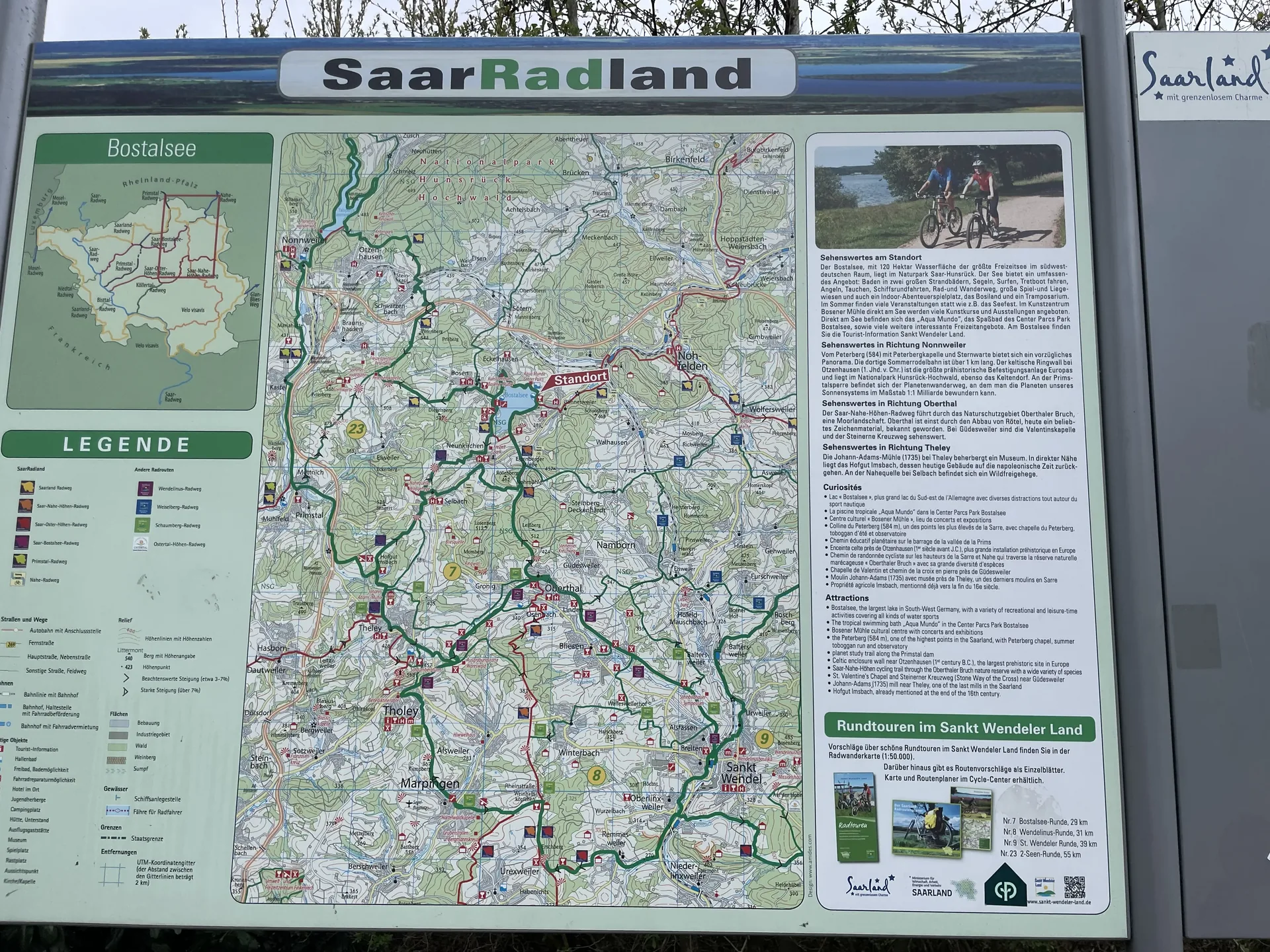 Radfahrkarte des Saarlands mit allen Strecken rund um den Center Parcs Park Bostalsee