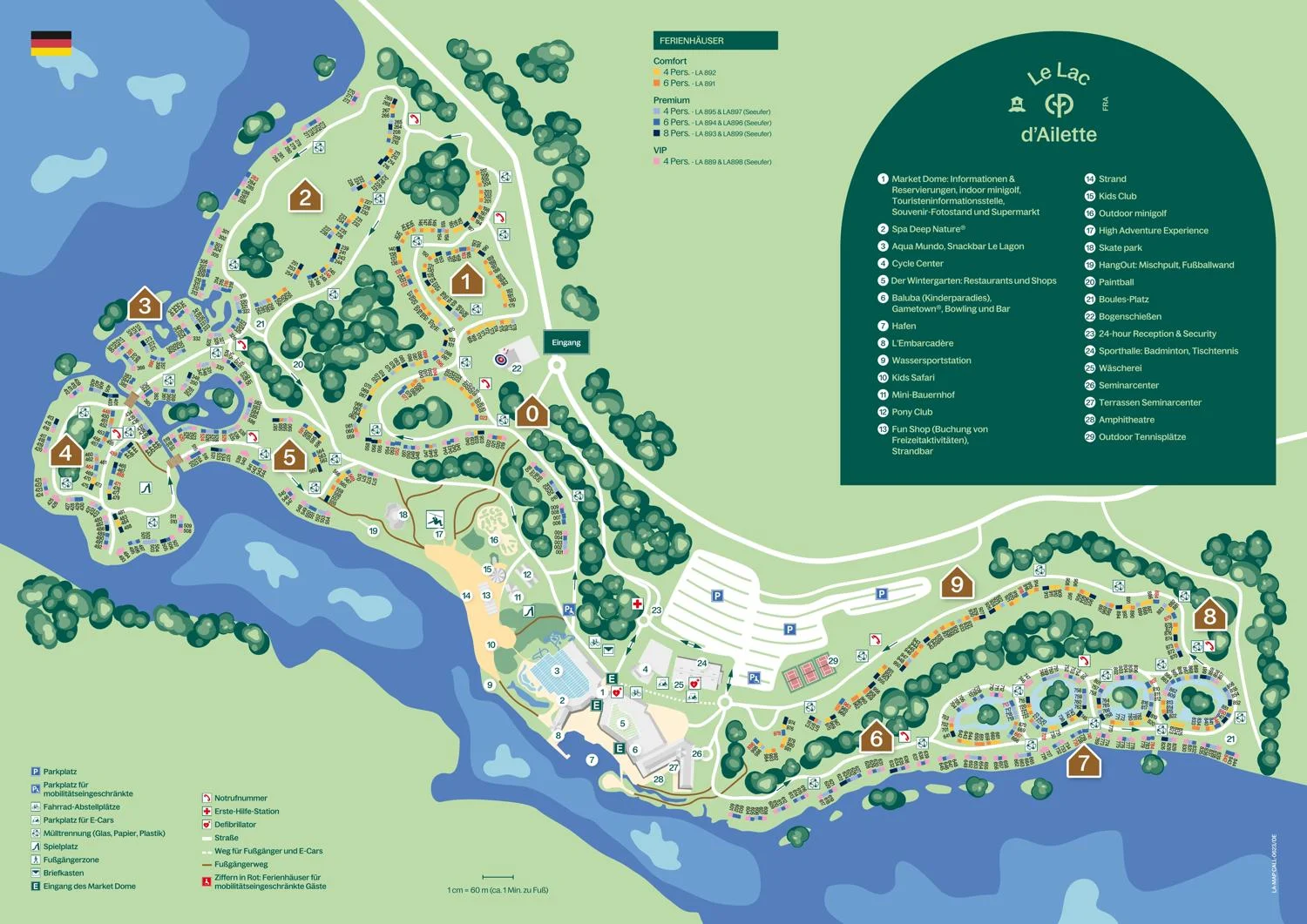 Lageplan des Center Parcs Le Lac d’Ailette mit Aqua Mundo, Market Dome am See und Ferienhaus-Gebieten