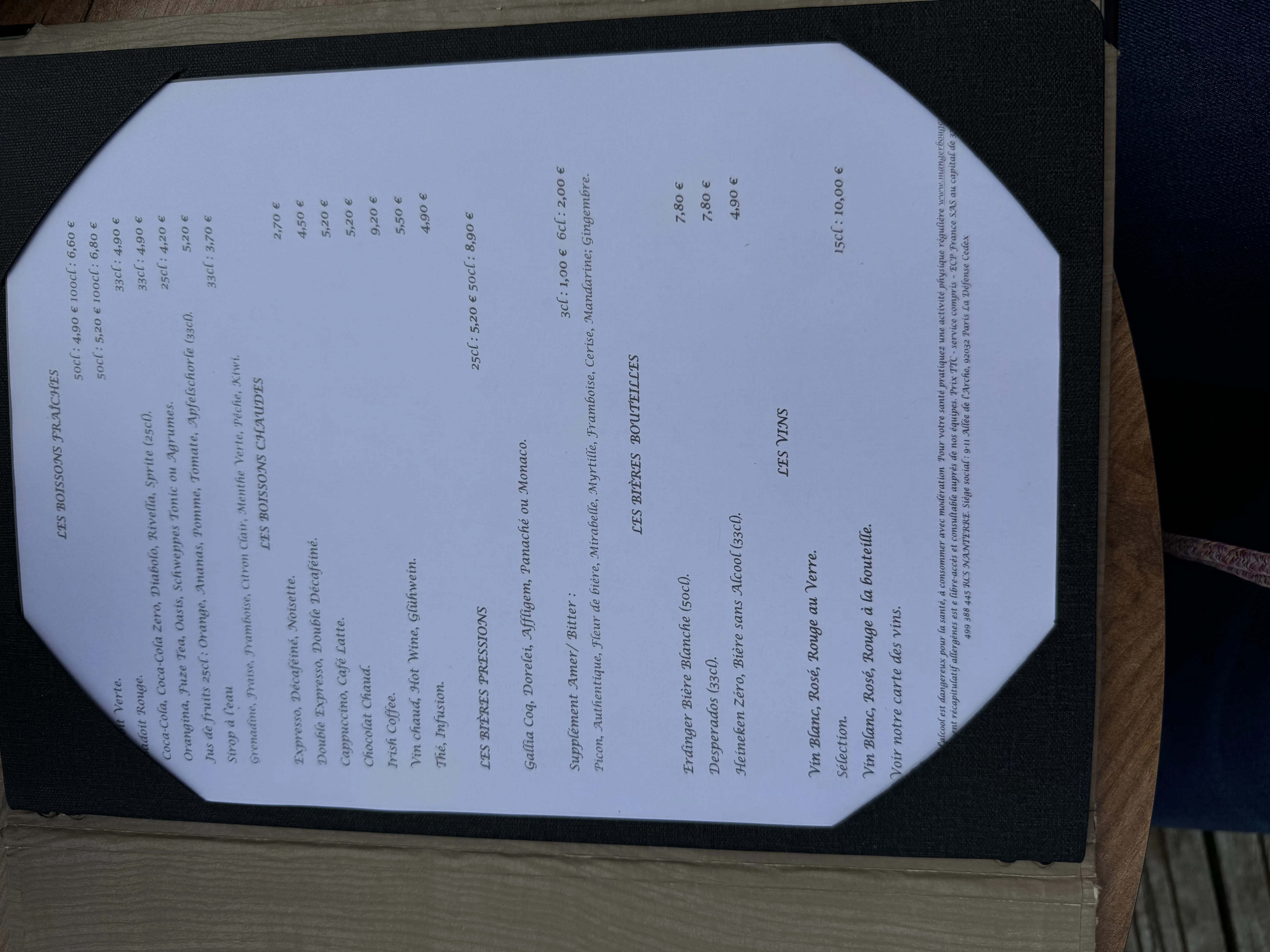 Speisekarte der Forest Lodge – Getränke und Weine