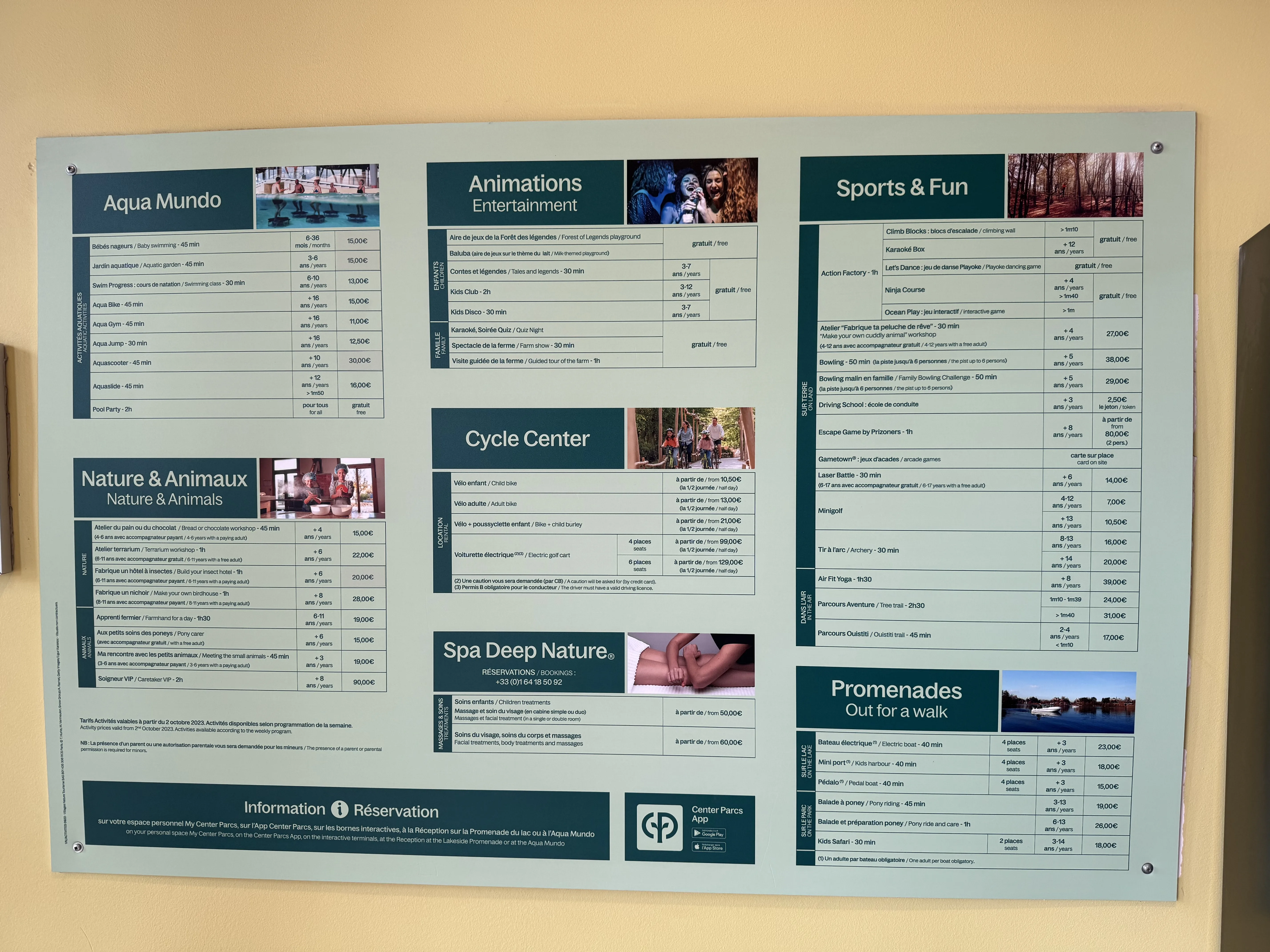 Die Preisliste für Aktivitäten 2025