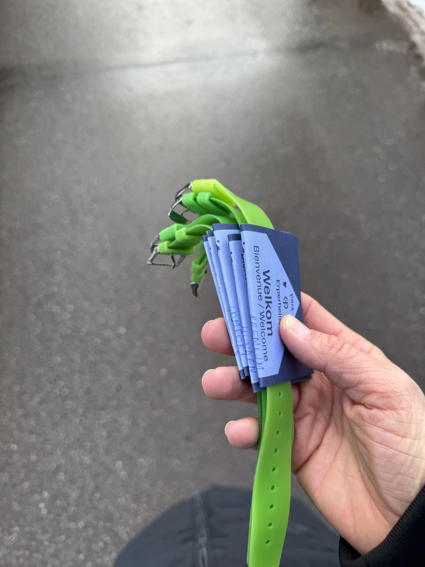 Grüne Center Parcs Armbänder mit den Willkommensunterlagen, wie man sie beim Check-in in Erperheide bekommt
