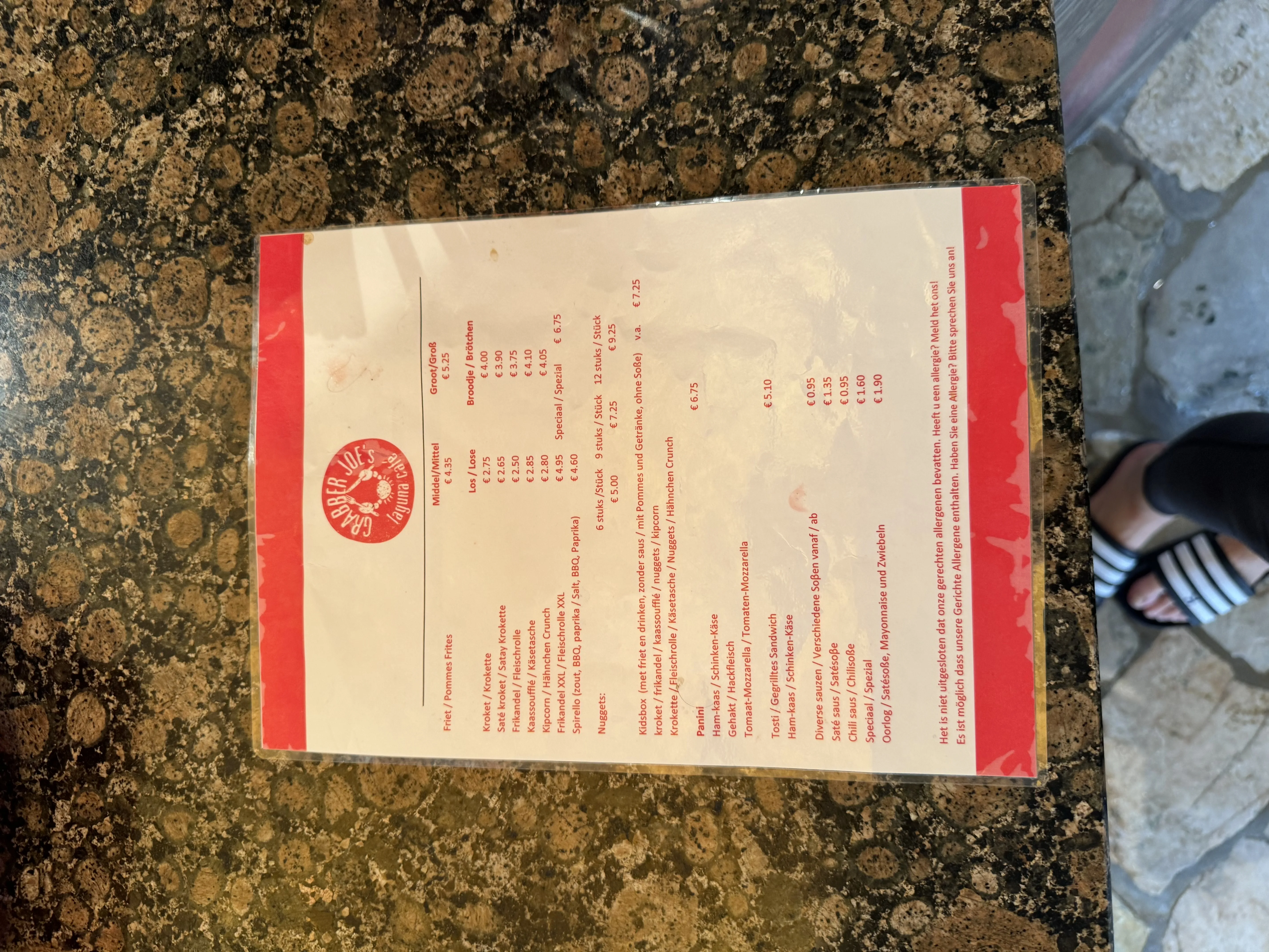 Die Preisliste im Grabbers Joe – Stand 2025