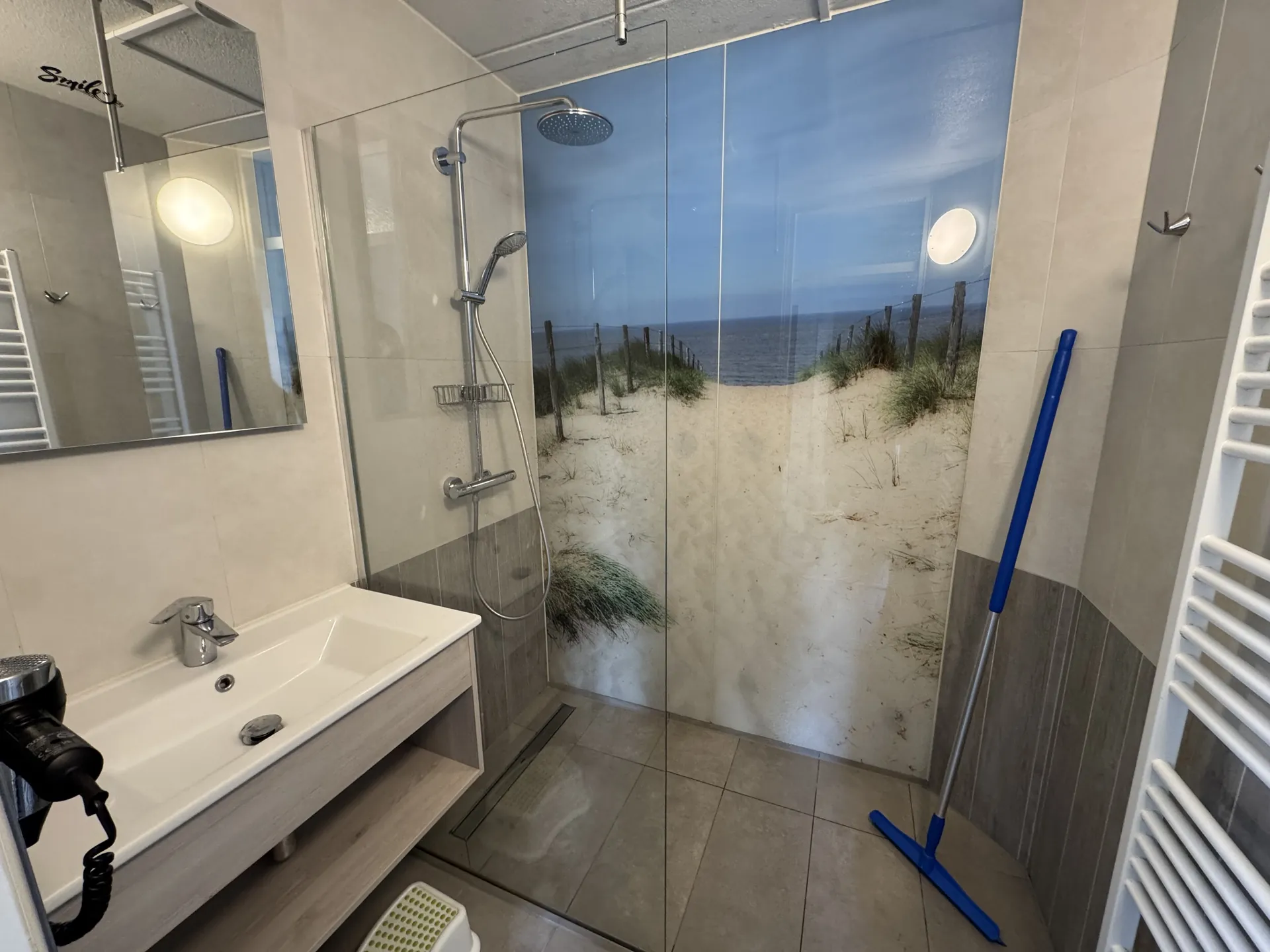 Badezimmer mit großer Walk-in-Dusche und Dünen-Fotowand