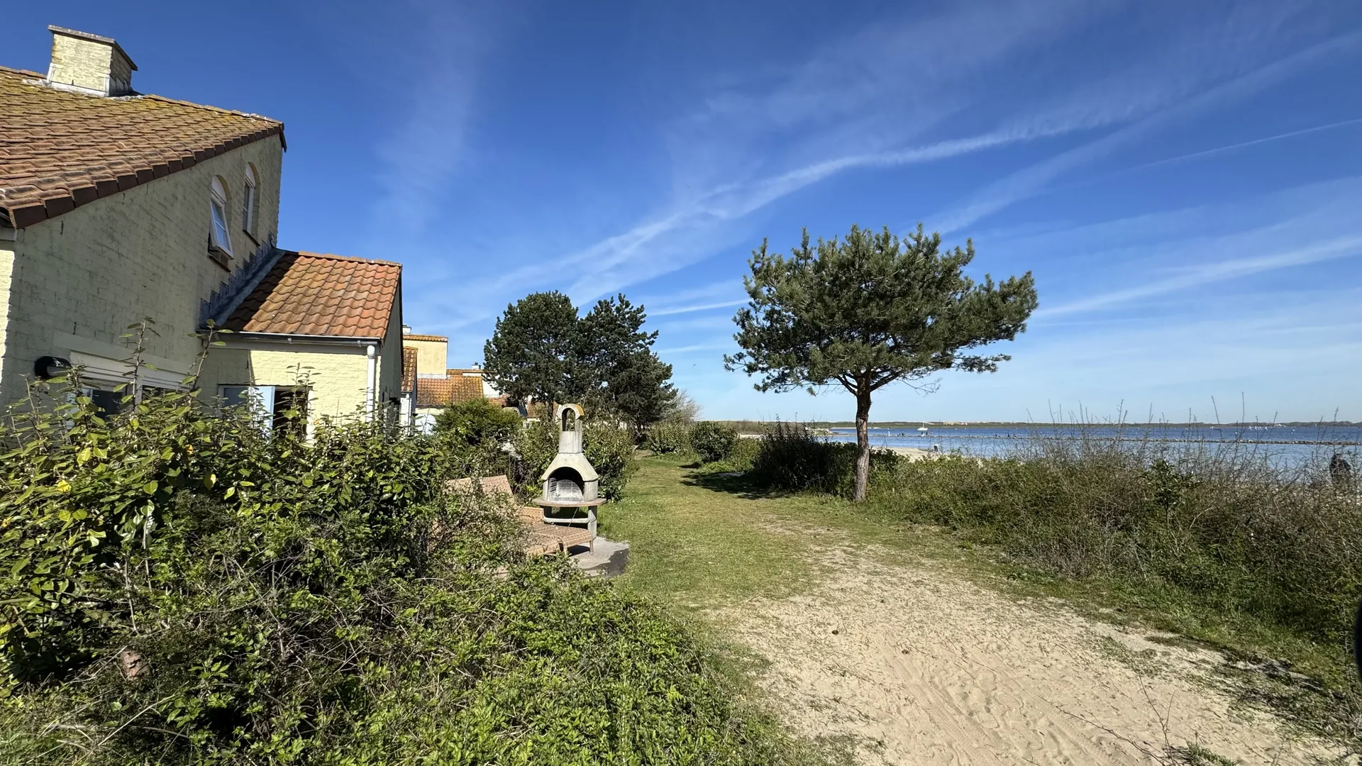 Die Ferienhäuser am rechten Rand mit direktem Zugang zum Strand am Grevelingenmeer
