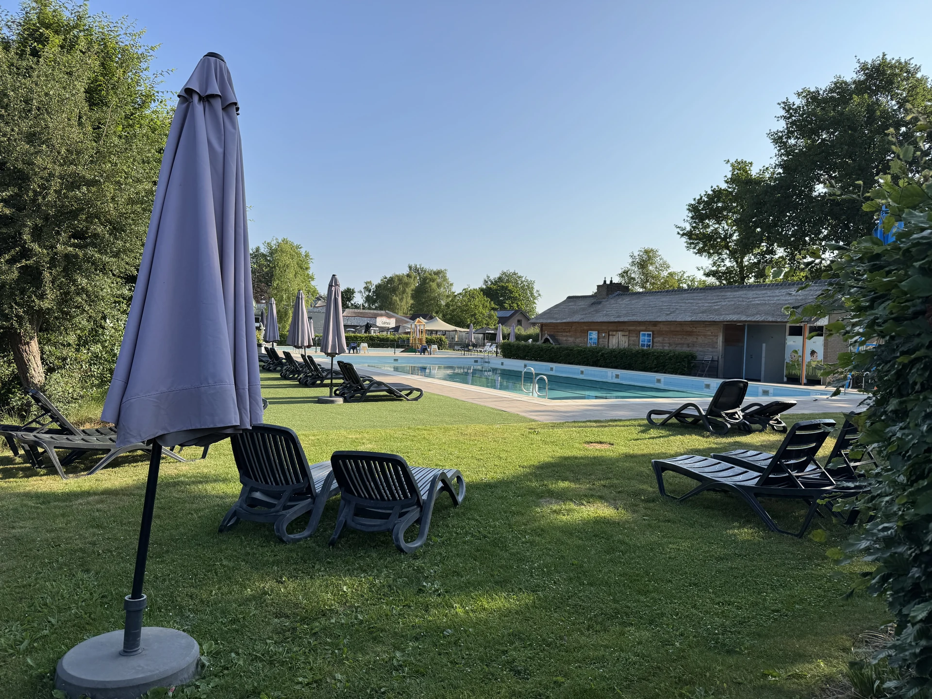 Liegewiese am Freibad im EuroParcs Kaatsheuvel mit Sonnenschirmen, Liegestühlen und dem Kinderbereich im Hintergrund