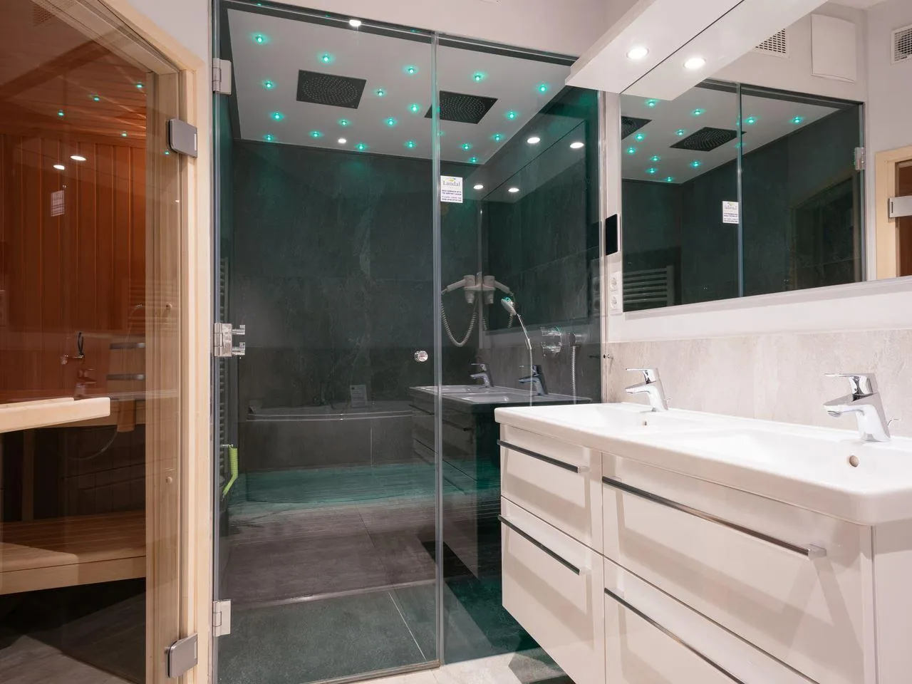 Badezimmer mit Sauna und Regendusche