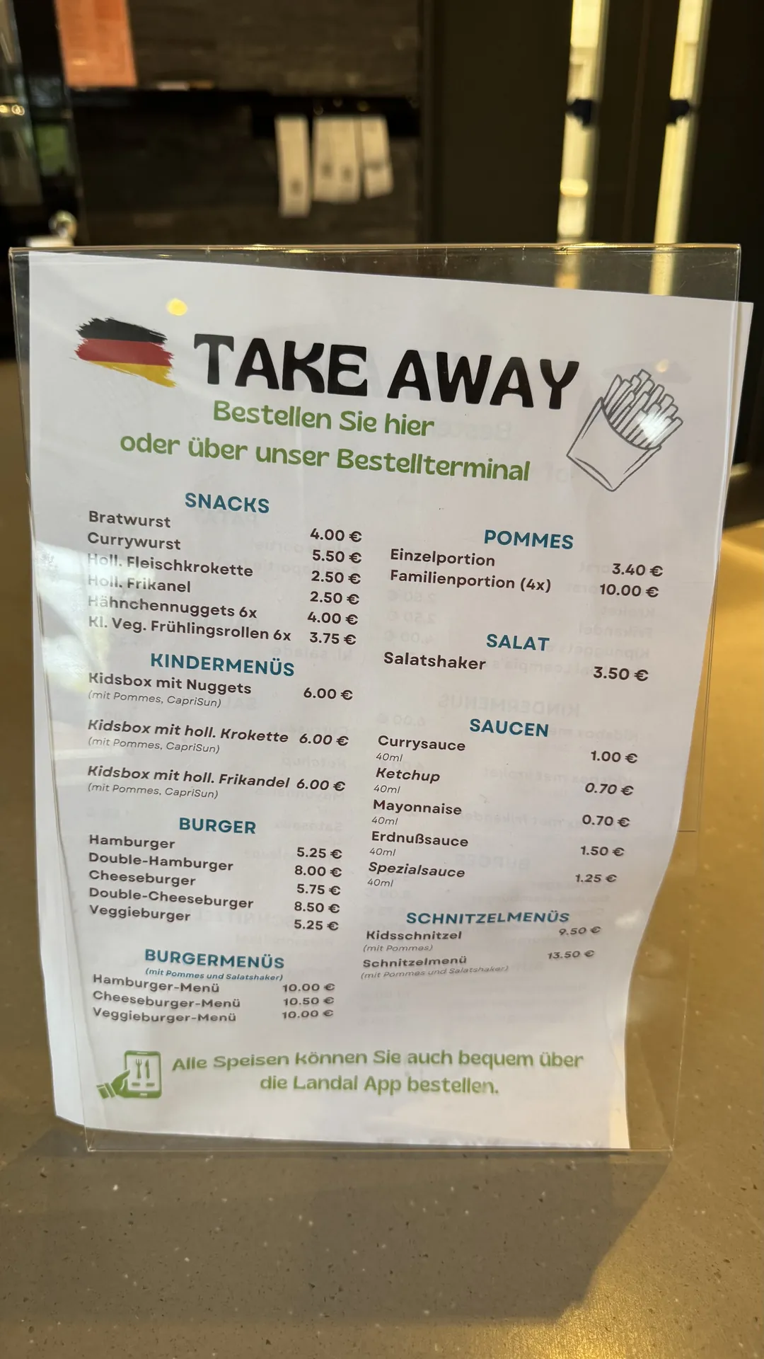 Take-away-Speisekarte mit Preisen aus Mai 2026 - fair kalkuliert für einen Ferienpark