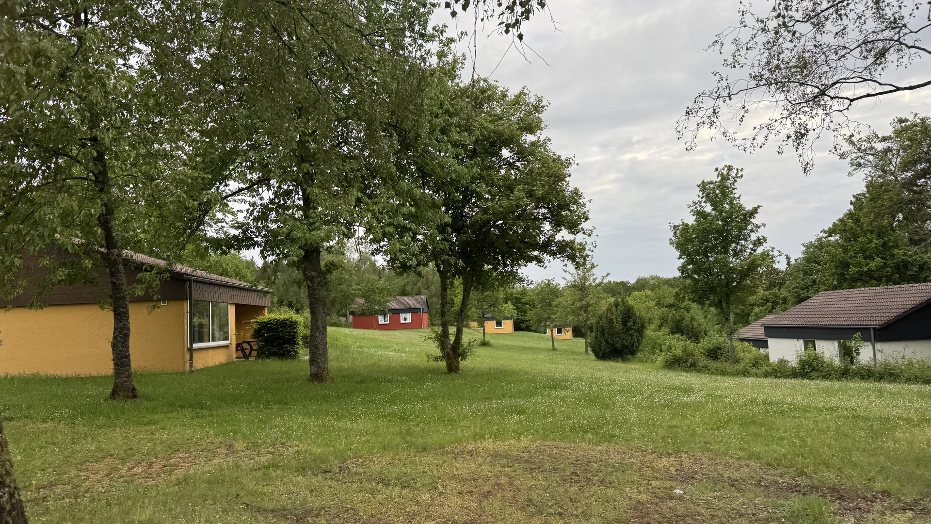 Großzügige Wiesen zwischen den klassischen Ferienhäusern im Landal Warsberg