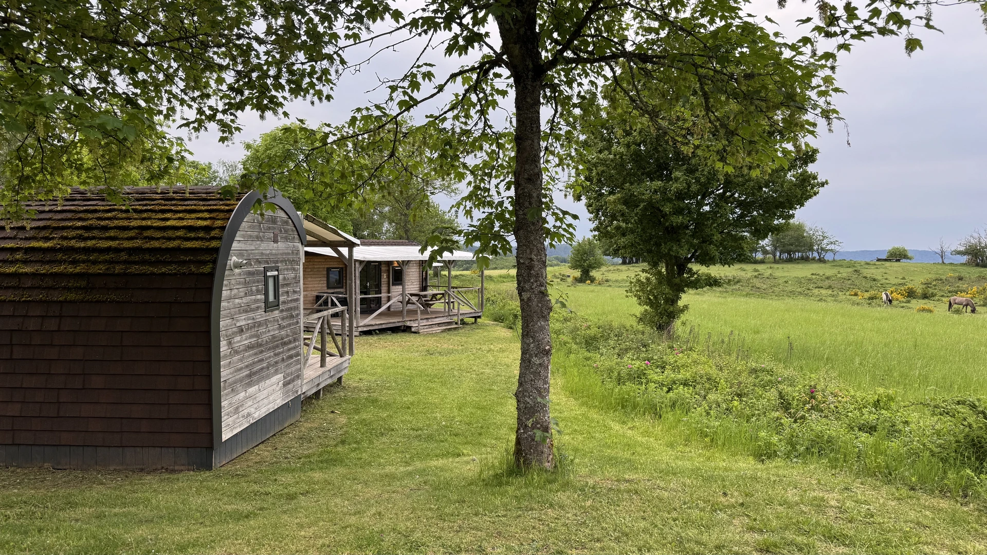 Wood Lodges am oberen Ende des Parks mit Blick ins Saartal