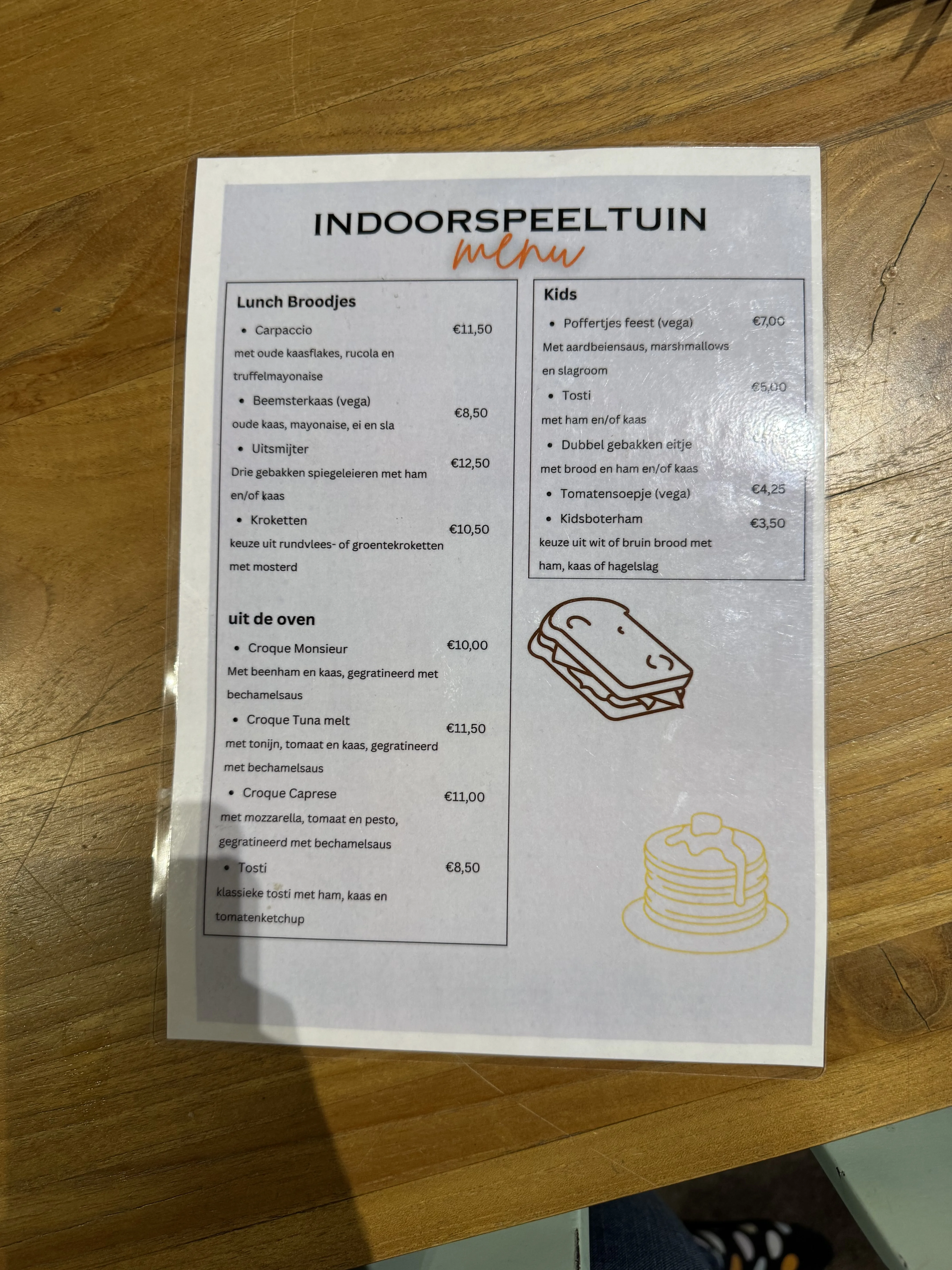 Speisekarte am Indoorspielplatz