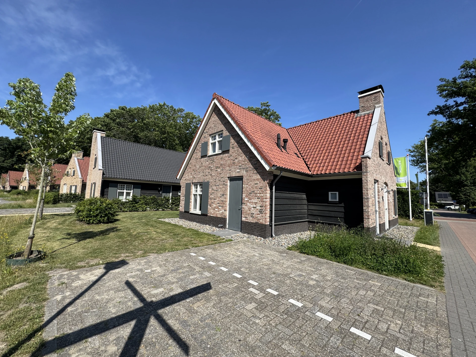 Ferienhäuser im Landal Kaatsheuvel mit roten Ziegeldächern und dunkler Holzverschalung, davor die grünen Landal-Fahnen am Eingangsbereich