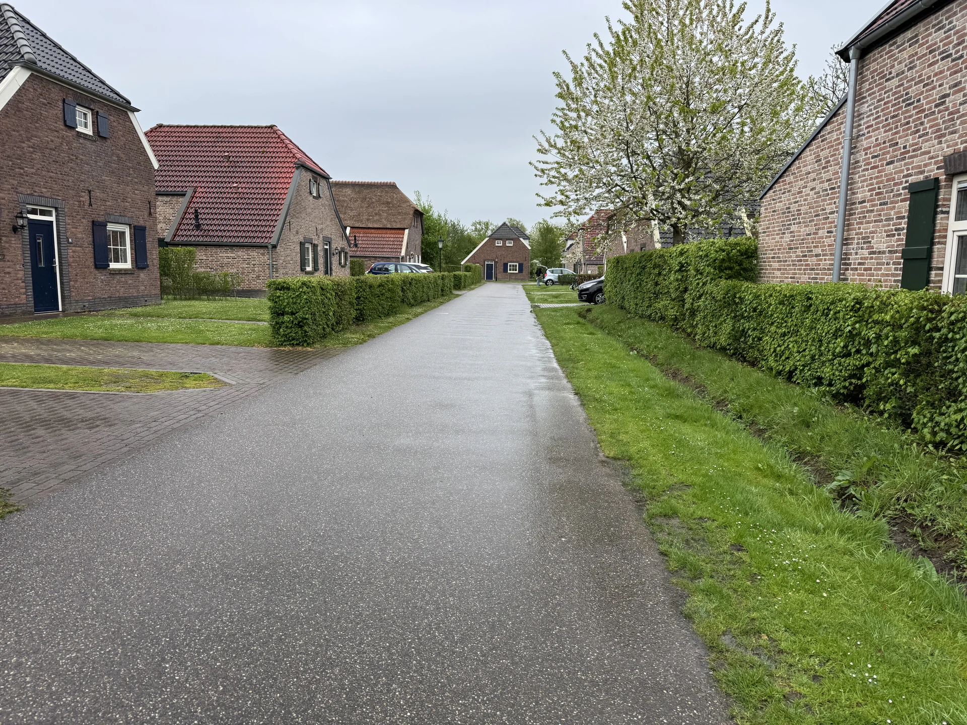 Weg zwischen Backstein-Ferienhäusern mit Hecken im Bungalowpark
