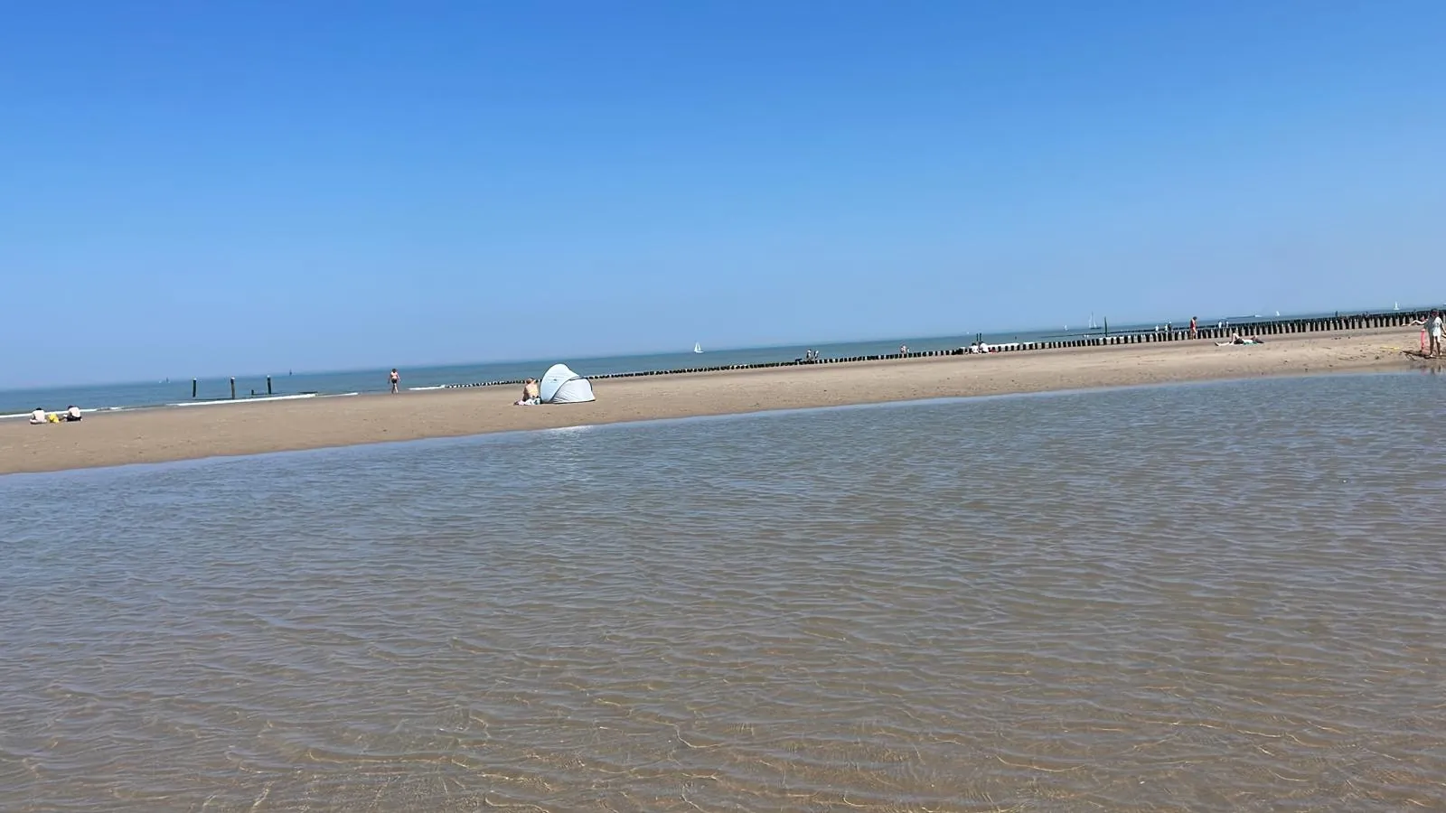 Breiter Nordseestrand bei Nieuwvliet-Bad mit Buhnen, flachem Wasser und viel Platz auch im Hochsommer