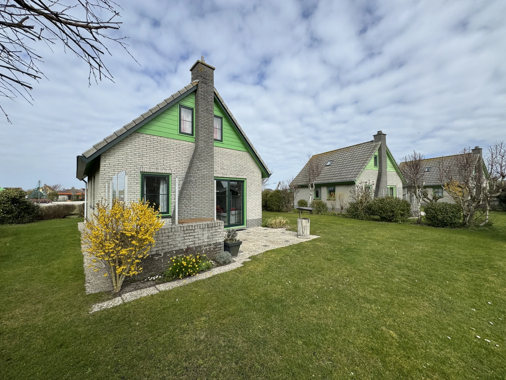 Bungalow im Bungalowpark Strandslag mit Terrasse und blühender Forsythie